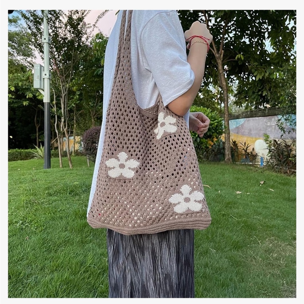 Summer flower crochet brown and tan beach bag
